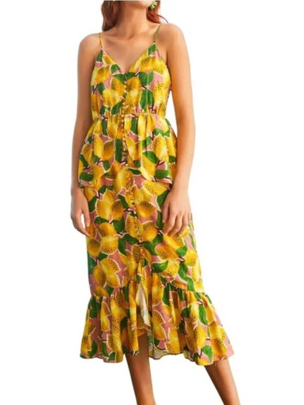 Farm Rio Lemons Ruffled Midi Strapless Dress Resortwear Travel